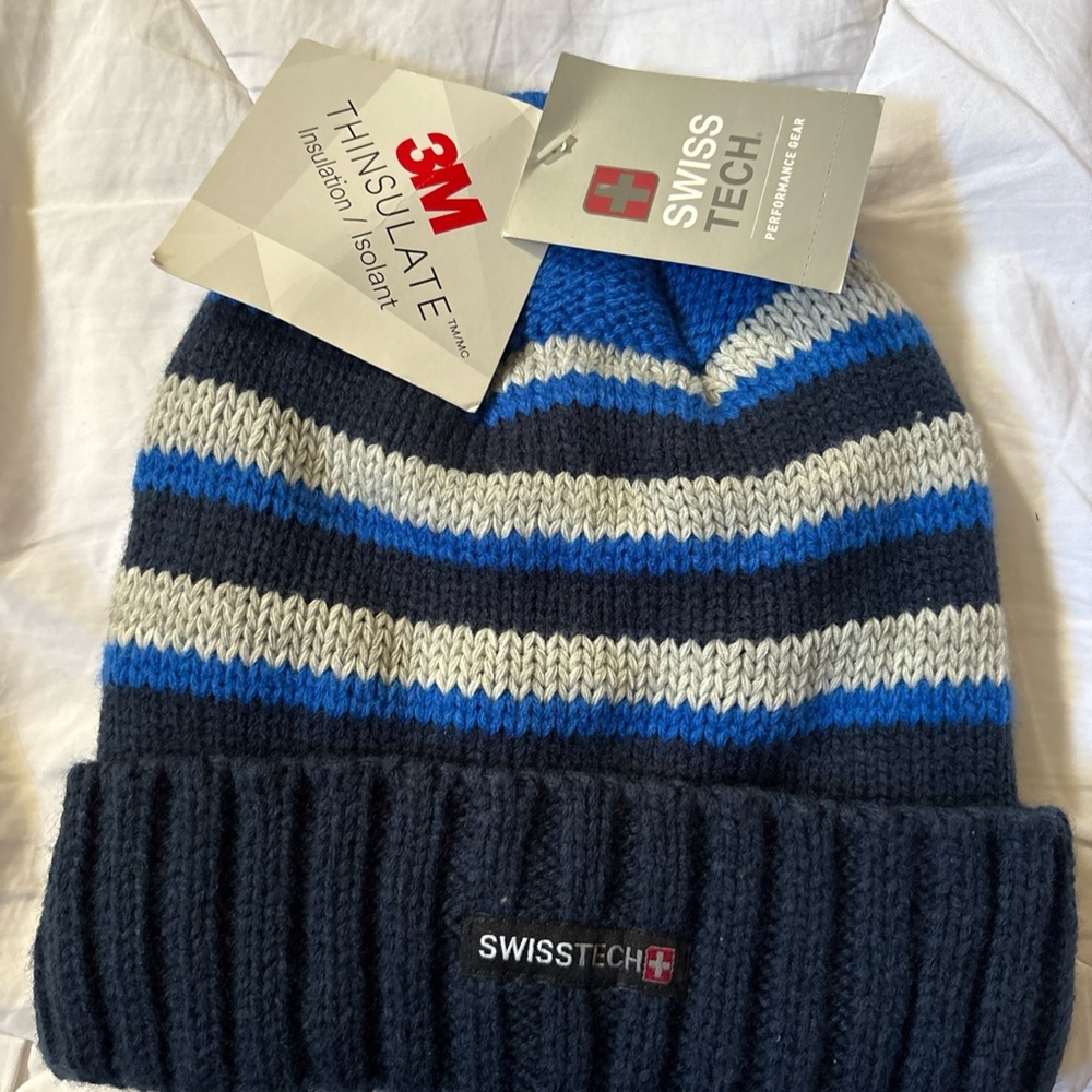 Swiss Tech Blue and Gray Striped Beanie